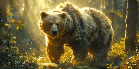 A majestic grizzly bear stands amidst a serene forest bathed in warm golden sunlight