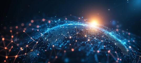 Obraz premium Abstract digital background with glowing network connections and a global map, symbolizing technology, connectivity, data transfer, and cyber security in a futuristic style