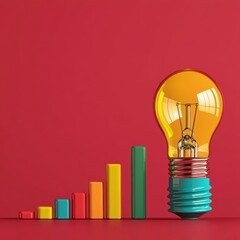 Bright light bulb beside a colorful bar graph on a red background, symbolizing innovation, growth, and creative business solutions.