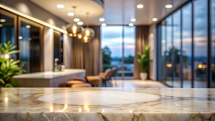Empty marble tabletop or counter with display product with blured city, shop, outdoor background.