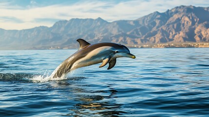 Dolphin Leaping Out of the Water with Mountains in the Background