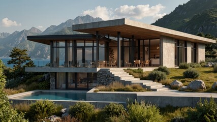 modern bungalow in the mountains with a view of the sea