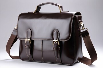 Brown Leather Briefcase with Two Buckles and Adjustable Strap