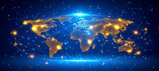 Fototapeta premium Abstract digital background with glowing network connections and a global map, symbolizing technology, connectivity, data transfer, and cyber security in a futuristic style