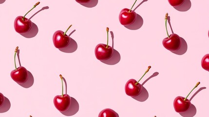 Floating Cherries, Repeating pattern of red cherries on a pink background, Playful Design