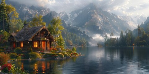 Fototapeta premium Cozy Lakeside Cottage Nestled in Moody Mountain Landscape with Autumnal Forests