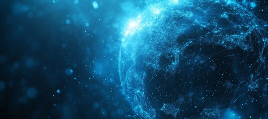 Obraz premium Abstract digital background with glowing network connections and a global map, symbolizing technology, connectivity, data transfer, and cyber security in a futuristic style
