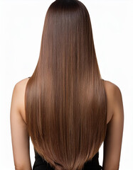 背中を向けた女性の長いストレートヘアが描かれています。髪は滑らかで健康的な光沢があり、整った形でまっすぐに伸びています。背景は白で、髪の美しさと艶やかさが際立っています。シンプルでエレガントな印象を与える構図です。generative AI