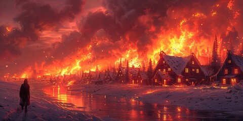 Dramatic Night Scene of a Snow Covered Village Engulfed in Flames