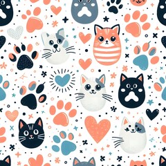 Seamless Pattern with Cute Cats, Paw Prints, and Hearts