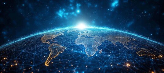 Obraz premium Abstract digital background with glowing network connections and a global map, symbolizing technology, connectivity, data transfer, and cyber security in a futuristic style