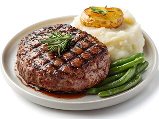 Grilled Steak with Mashed Potatoes and Green Beans - Realistic Food Image