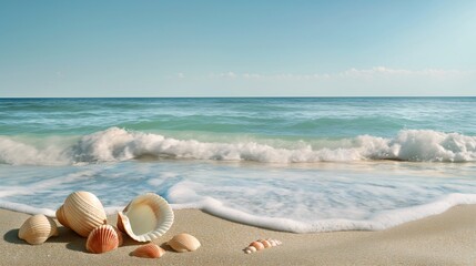 Obraz premium Seashells Whispering Tales of the Ocean: A serene beach scene with seashells scattered on the shore, inviting viewers to embrace the tranquility of the coast. 
