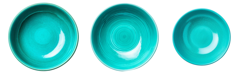 Set of three vibrant turquoise ceramic bowls, perfect for serving, decoration, or enhancing your kitchen aesthetics.