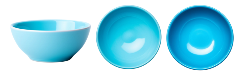 Three stylish blue bowls showcasing a modern design, perfect for serving or decorative purposes in any kitchen or dining area.