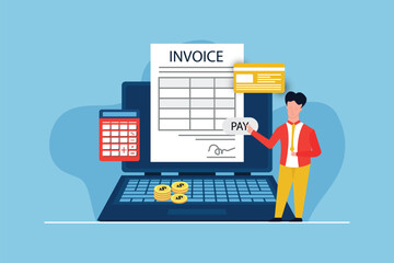 Online payment service. Invoice form on the laptop screen with a pay button. Internet banking concept. Online paying