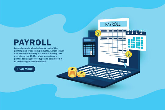 Online payroll taxes payment concept on laptop screen with electronic receipt or financial transaction, vector