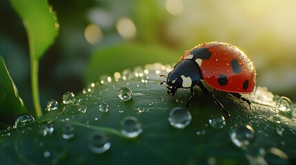Obraz premium 3D Illustration of a Ladybug on a Leaf with Dew Drops