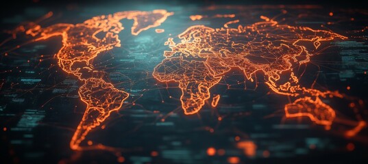 Abstract digital background with glowing network connections and a global map, symbolizing technology, connectivity, data transfer, and cyber security in a futuristic style