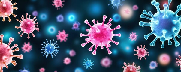 Colorful and vibrant representation of viruses on a dark background, illustrating microscopic organisms in a scientific context.