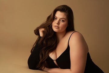 Fototapeta premium A young woman with long brown hair, wearing a black top, poses against a beige background.