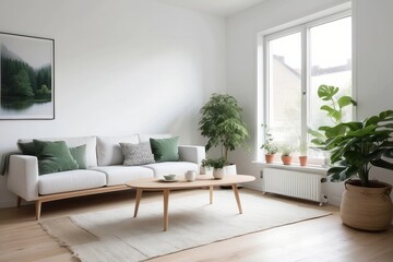 Minimalist Living Room with White Sofa, Green Plants, and a Wooden Coffee Table