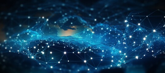 Fototapeta premium Abstract digital blue background with a glowing global network and internet connections on a dark blue backdrop, a technology concept. 