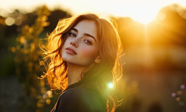A Portrait of trisomie 21 adult girl outside at sunset
