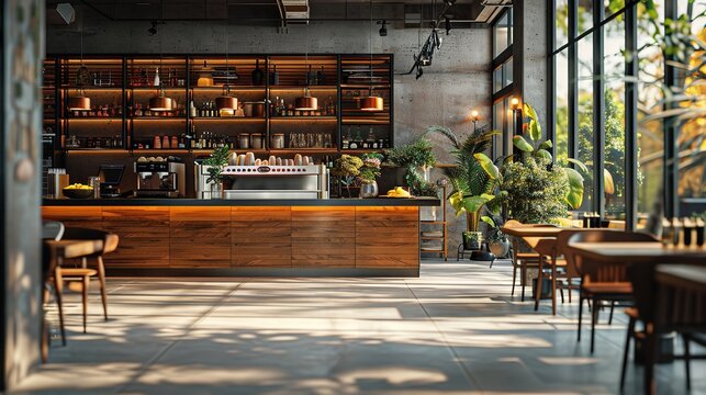 Modern cafe with bar and chairs.