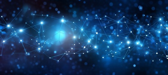 Abstract digital blue background with a glowing global network and internet connections on a dark blue backdrop, a technology concept. 