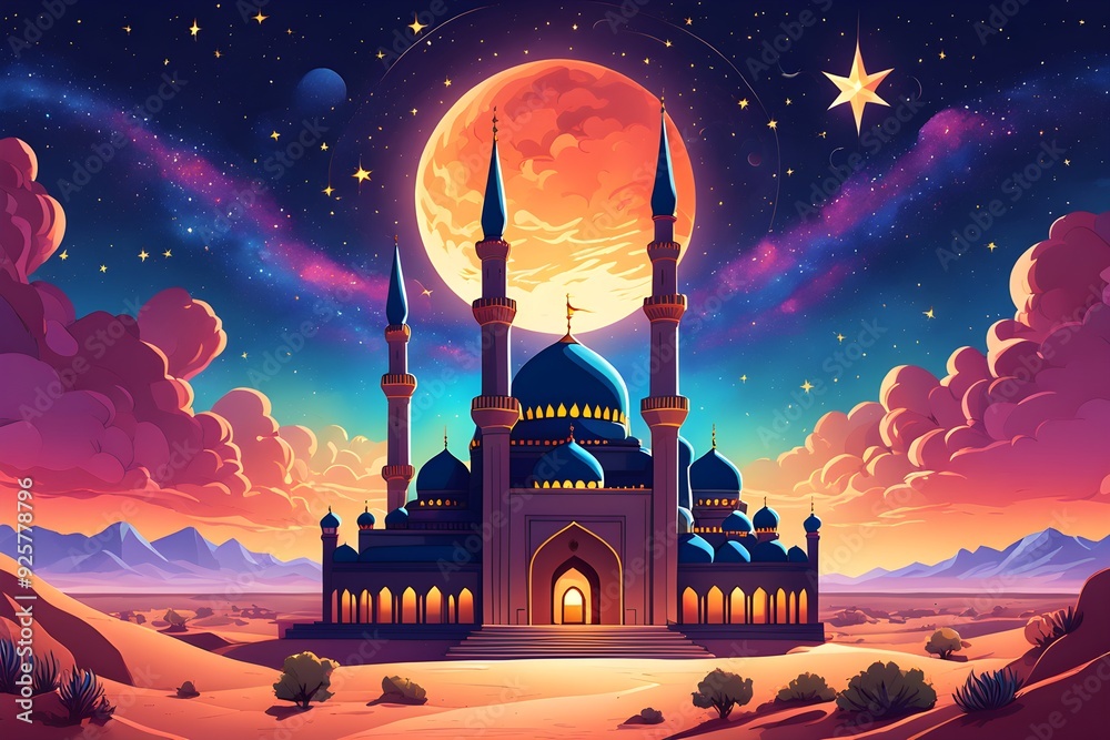 Wall mural A colorful painting of a mosque with a large red moon in the sky