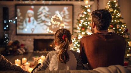 Family watching Christmas movie via projector in cosy room, back view. Christmas atmosphere