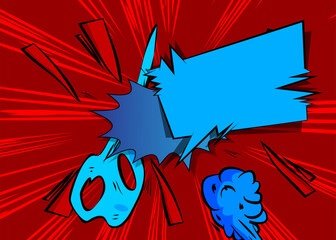 Cartoon blue and red background, comic book backdrop. Retro vector comics pop art design.