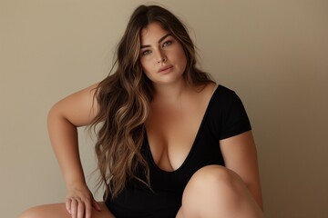 Obraz premium Portrait of a woman with long brown hair wearing a black top, looking at the camera with a serious expression.
