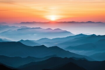 Fototapeta premium Beautiful View of Mountains at Sunrise Layered Mountain with Soft Hues Vibrant Colors Over Majestic Wilderness Background
