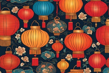 Fototapeta premium A pattern featuring Chinese lanterns with intricate designs and vibrant colors.