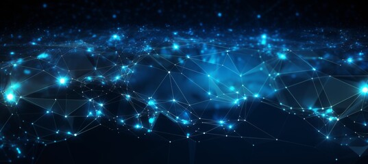 Fototapeta premium Abstract digital blue background with a glowing global network and internet connections on a dark blue backdrop, a technology concept. 