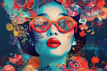Obraz premium Contemporary artwork featuring a modern pop art portrayal of an attractive woman wearing light blue sunglasses against a vibrant and colorful backdrop. The painting captures the stylish fashion essenc