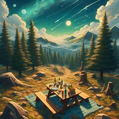 Picnic in the Mountain Wilderness under a Starry Sky