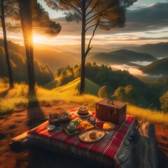 Romantic Picnic at Sunset with Mountain View