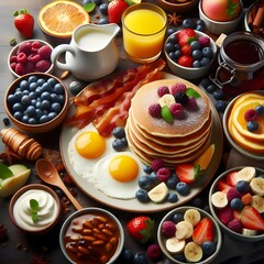 Delicious and Colorful Breakfast with Pancakes, Bacon, Eggs, and Fresh Fruit