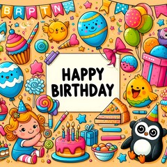 Colorful Birthday Card with Cartoon Characters and Decorations