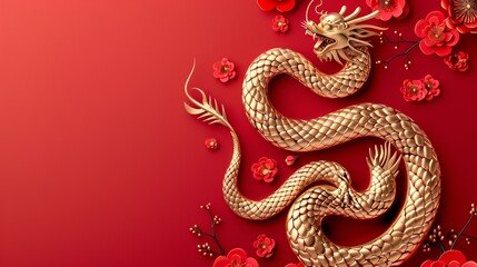 Obraz premium Happy Chinese New Year 2025. Chinese snake gold zodiac sign on red background for card design. China lunar calendar animal. Translation : happy new year 2025, year of the snake. Vector EPS10