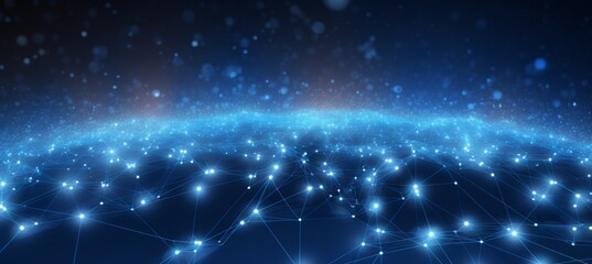 Abstract digital blue background with a glowing global network and internet connections on a dark blue backdrop, a technology concept. 