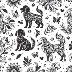 Ornate Dog Seamless Pattern with Floral Designs