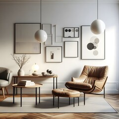Modern Living Room Interior with Brown Leather Armchair and Ottoman