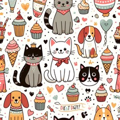 Cute Cartoon Animals and Cupcakes Seamless Pattern