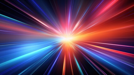 Abstract background with red, blue and orange lines converging towards a bright light.