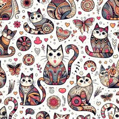 Naklejka premium Ornamental Cats Seamless Pattern