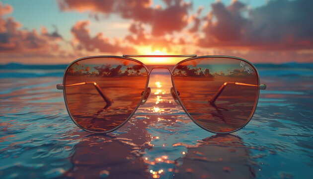 Sunglasses Reflecting Sunset Over Water